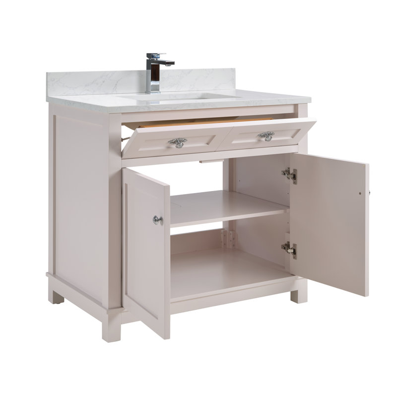36" Solid Wood Sink Vanity With 1' Artificial Stone Top, Dreamy White, Polished Chrome