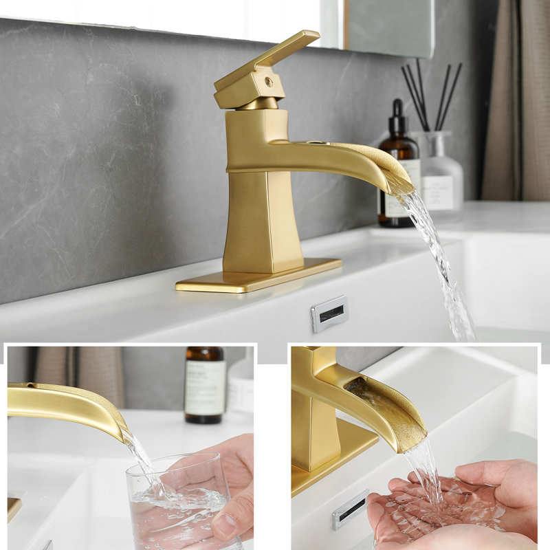 Robinet de lavabo de salle de bain en or brossé, plaque de pont en cascade, bonde escamotable, conduites d'alimentation, une poignée, caractéristique de qualité