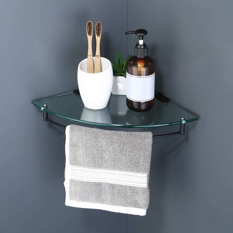 Wall Mounted Triangle Corner Glass Shelf with SUS 304 Stainless Steel Rail Towel Bar , Extra Thick Tempered Glass Floating Shelf for Bathroom Storage