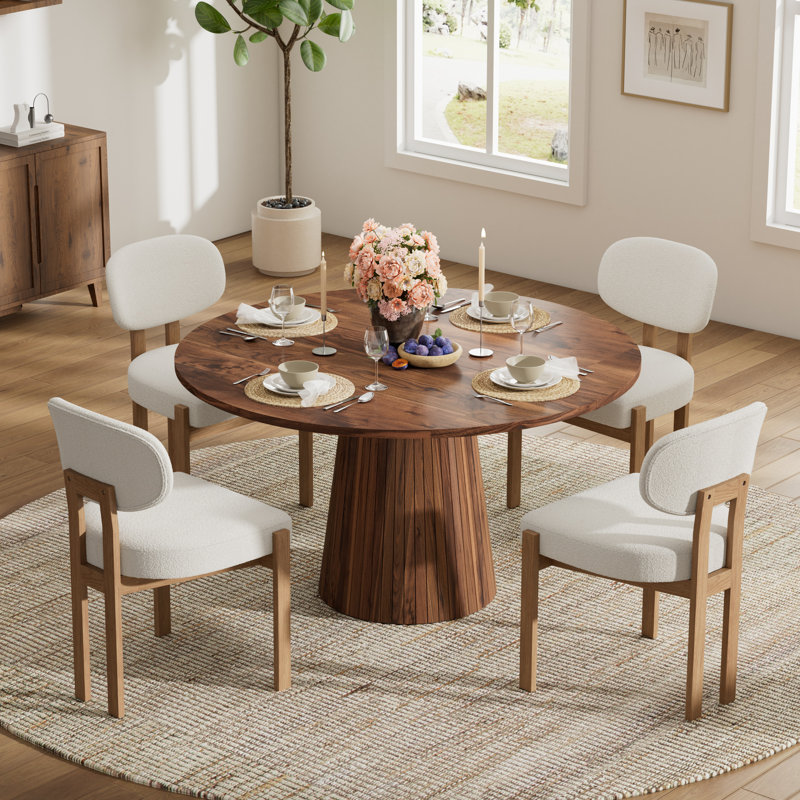 47 Inch Retro Round Dining Table Set For 4-6, MDF Top Kitchen Table With Solid Wood Chenille Fabric Chairs, Vintage Dining Set For Dining Room, Kitchen, Small Space, Apartment