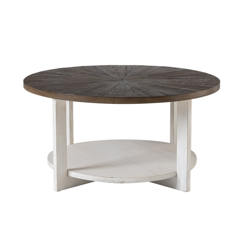 Rustic Farmhouse Round Wood Coffee Table With Storage, Brown Top/White Base