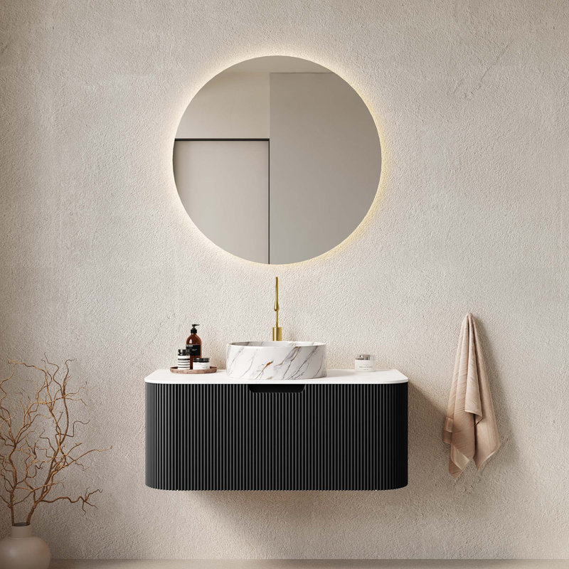 Meuble-lavabo flottant avec rebords courbés et plateau en pierre frittée, Noir