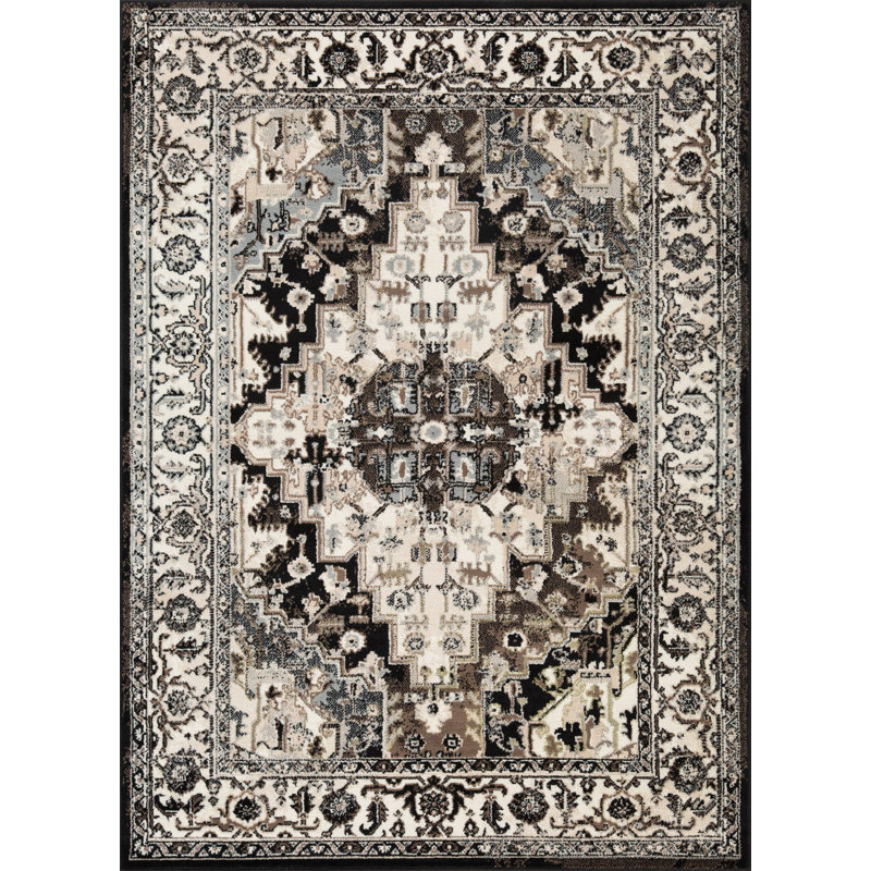 Black and Beige 5' x 7' Synthetic Traditional Area Rug