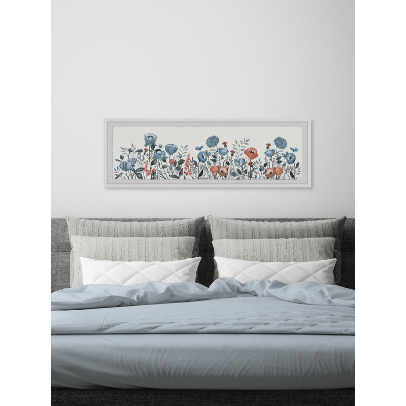 Blue Adorable Flowers - Single Picture Frame Panoramic Painting, 38cm H x 114cm W x 3.81cm D