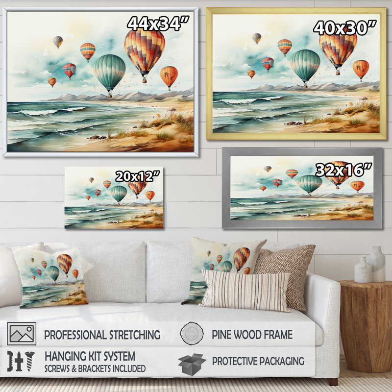 Airballoon Views On The Beach II sur impression sur toile, H 30 po x l 40 po x P 1,5 po, Cadre photo noir