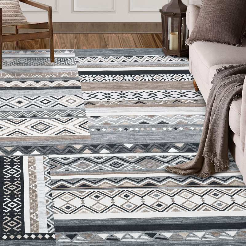 6 x 9 tapis pour le salon lavable patiné rétro tapis tribal géométrique mince pour le salon chambre à coucher salle à manger tapis antidérapant à poils courts neutre, gris