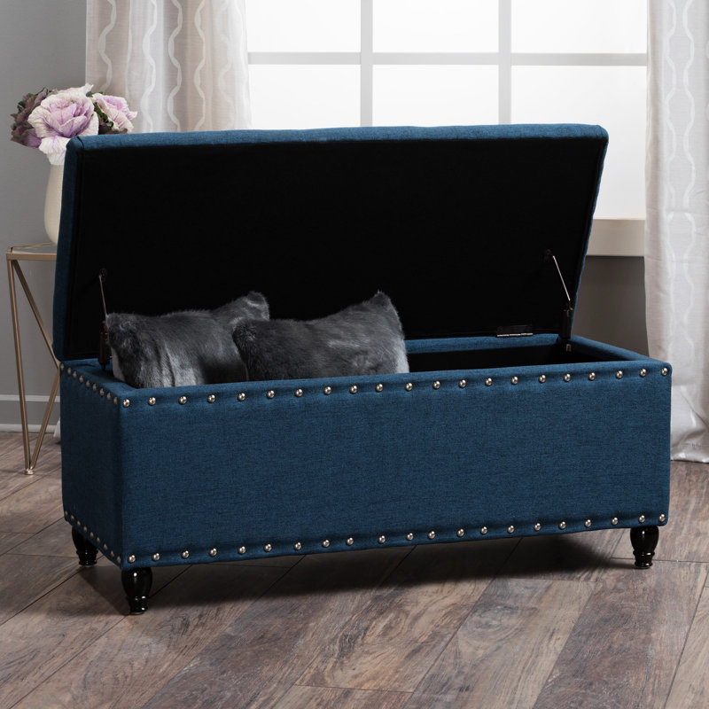 Navy Blue Fabric With Dark Brown Birch Legs For Craft Room Worktable Area, 41.13"W X 18.05"D 18.05"H Storage In And Legs,
