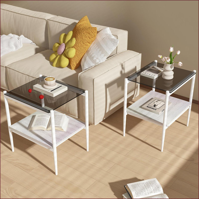 Ensemble de 2 tables basses modernes en verre trempé gris - plateau facile à nettoyer Couche de rangement pour le salon