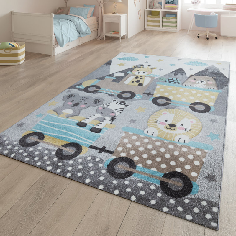 Tapis en polypropylène tissé à la machine gris et bleu Minnesota, Rectangle 2 pi 8 po x 4 pi 11 po