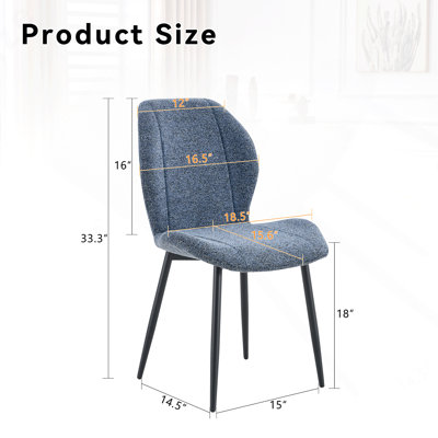 Ensemble de 4 chaises de salle à manger minimalistes modernes en tissu bleu smog, avec des coussins spacieux et confortables. Pieds en métal noir et pieds réglables, convenant à la salle à manger, au bureau et au bureau, etc.