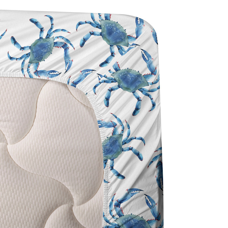 Ambesonne Coastal Sheet Set Crab Illustration Seashore Soft Blue Sea Blue White, Twin Sheet Set with 1 Pillowcase