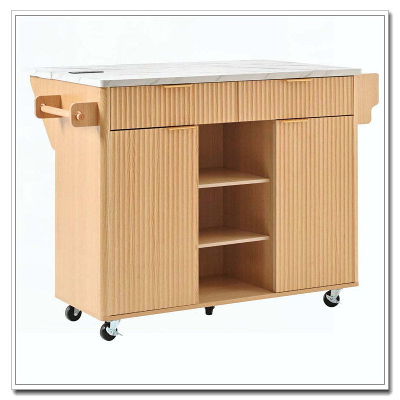 Îlot de cuisine 52 po cannelé avec rallonge, prise de courant, chariot de rangement de cuisine avec tablettes réglables, 2 portes et 2 tiroirs