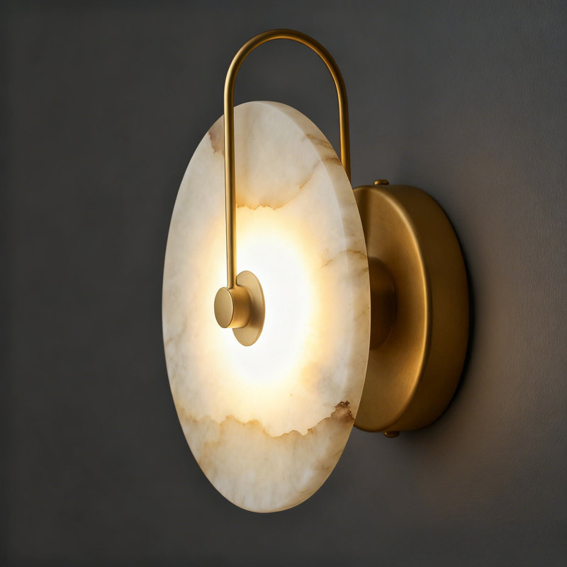 9.8In Round Alabaster Wall Sconce Equipped With LED Bead Light Source, No Harsh Glare From The Sides, Antique Copper