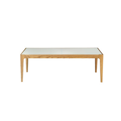 Table en verre givré avec base en bois naturel, plateau contemporain de 4,92 po de hauteur et de profondeur synthétique de 23,82 po