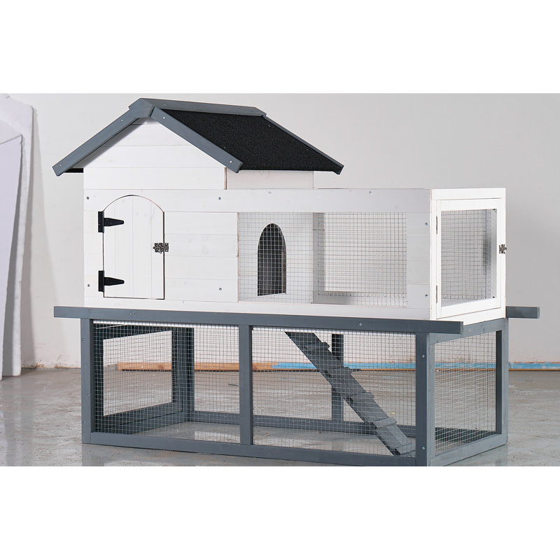 Poulailler et lapin en bois à deux niveaux de 53 pouces avec un grand espace de vie, deux portes, un cadre à déplacer, un toit en asphalte, un filet