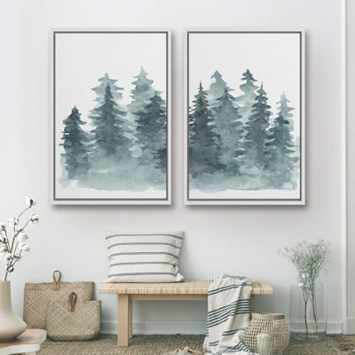 "Woodland Forest", paysage, aquarelle, vert forêt, arbres, art moderne sur toile encadrée 2 pièces