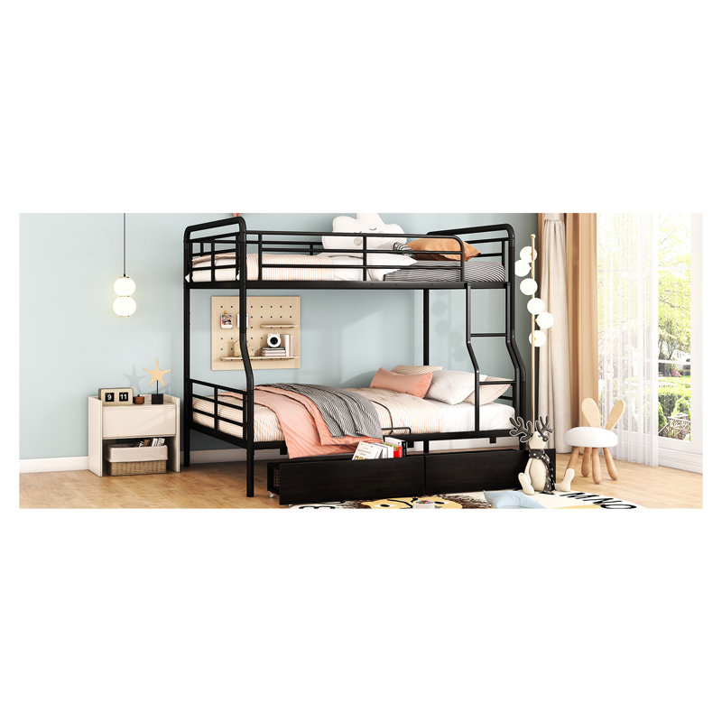 Full Xl Over Queen Bunk Bed With 2 Drawers, White - Modern Iron Construction For Teens, Safe & Space Saving Metal Design
