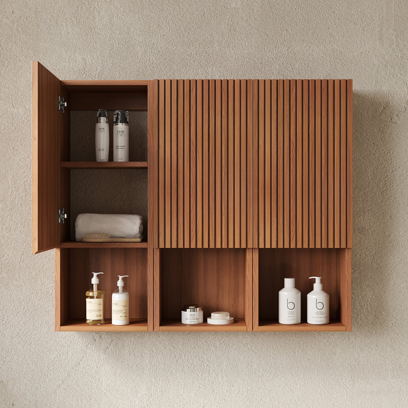 Armoire de salle de bain murale, 3 armoires avec portes et compartiments ouverts, solution de rangement polyvalente