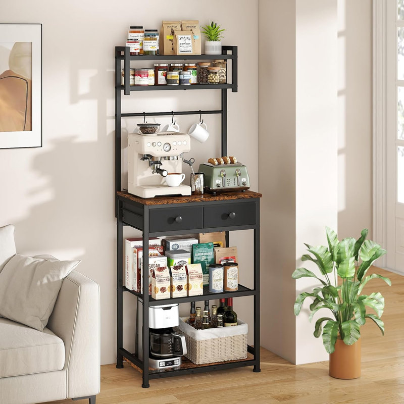 6-Tier Coffee Stand with Storage and Drawers, Kitchen Corner Bakers Rack Microwave Stand with Metal Wire Panel & Hooks, Utility Storage Shelf for Small Spaces, Living Room
