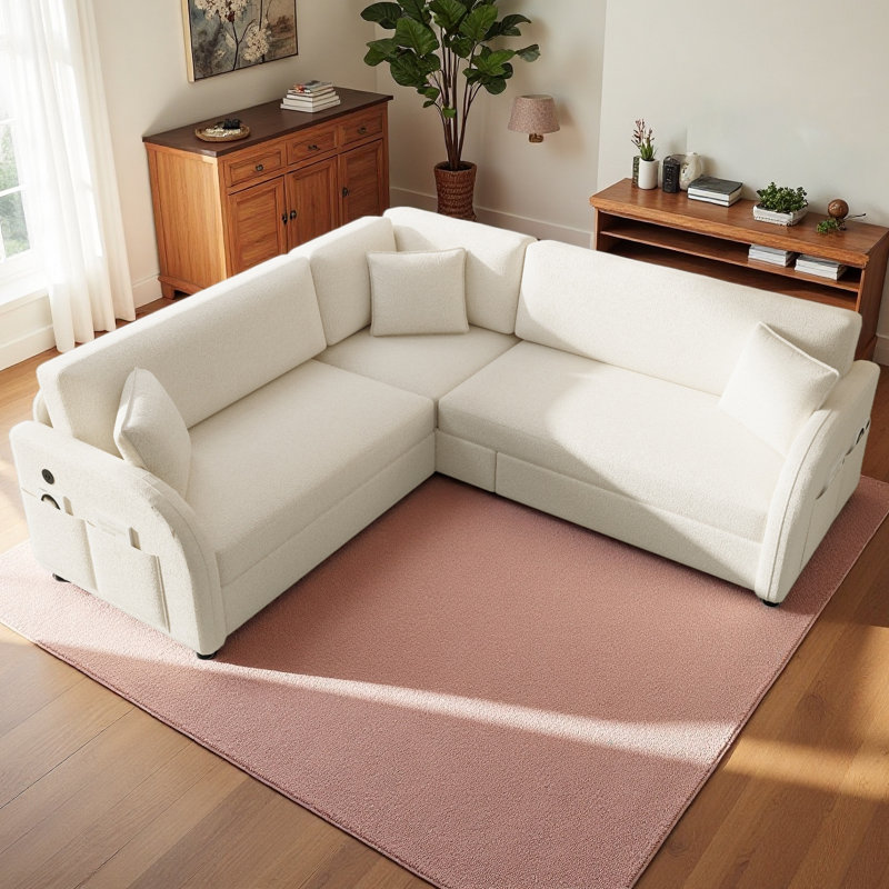 85.1" L-Shaped Sofa Couch With Pull-Out Bed,Oversize Convertible Sleeper Sofa With Side Pocket & USB Port,Teddy Upholstered Sectional Couches, For Living Room, Apartment, Office