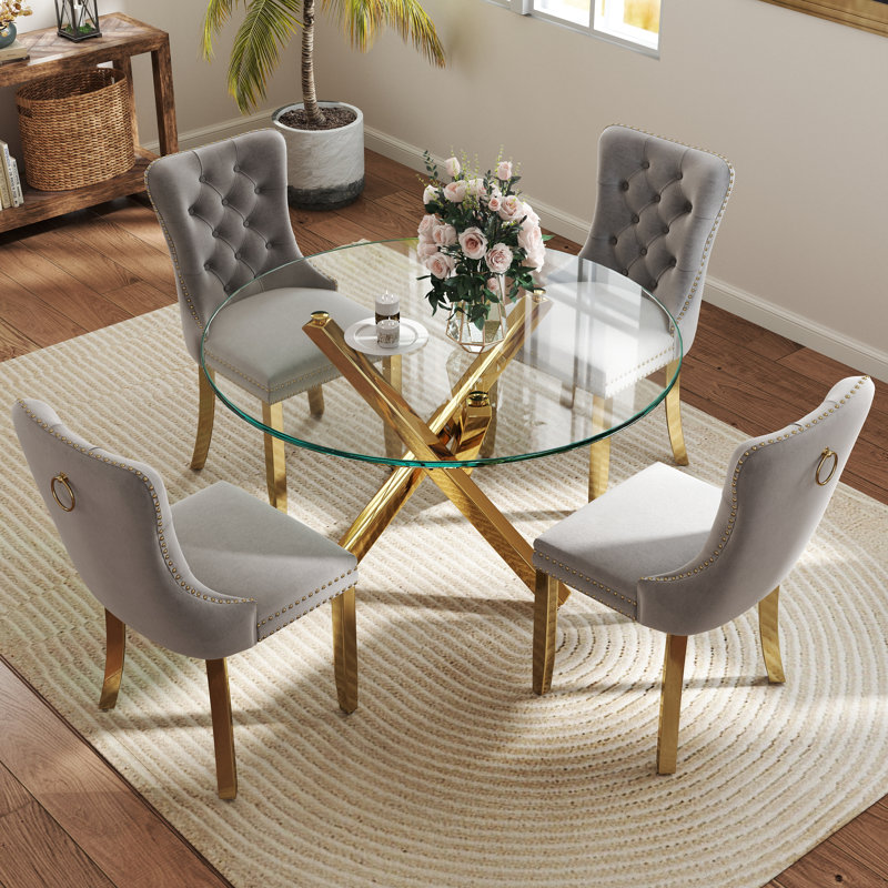 Ensemble de table de salle à manger 5 pièces, H 29,5 po x L 39 po x l 39 po, Gris/doré, Or