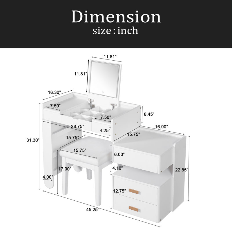 Meuble-lavabo 3 en 1 avec miroir rabattable, éclairage DEL, longueur réglable et grands tiroirs - Coiffeuse multifonctionnelle élégante pour la maison