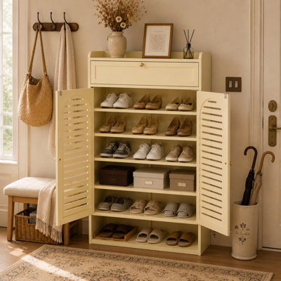 Cream White Shoe Cabinet with Drawer & Adjustable Shelves