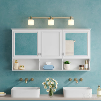 55 Inch Mirror Medicine Cabinet With Open Shelves, Wall Mounted Home Storage With Doors & Mirror, Adjustable Shelf, Bathroom Storage Cabinet Over Toilet