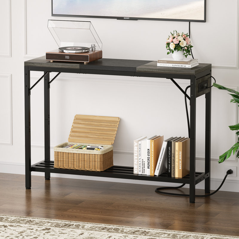 Console 39,4 po avec prise de courant, table d'entrée avec tablettes de rangement, bureau, Noir / gris