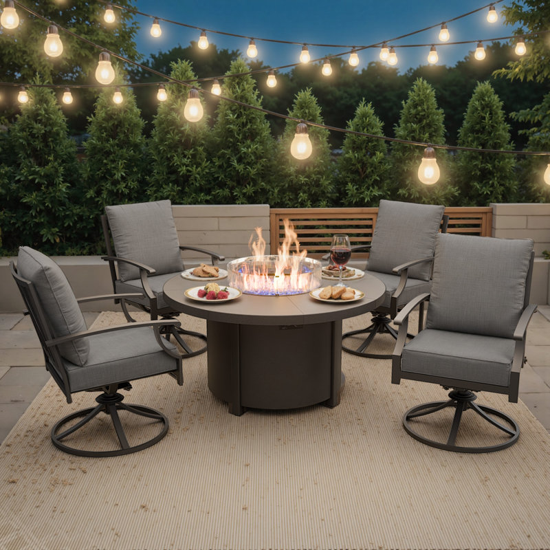 5-Piece Outdoor Round Fire Pit Table Set with 48" Aluminum Gas Fire Table (40,000 BTU) and 4 Swivel Glider Iron Chairs with High Backs
