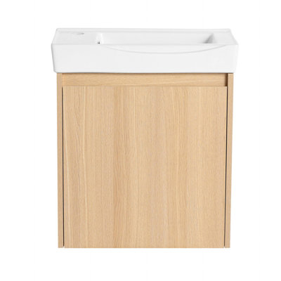 Meuble-lavabo flottant encastré en céramique avec portes de rangement, conception murale pour salle de bain compacte