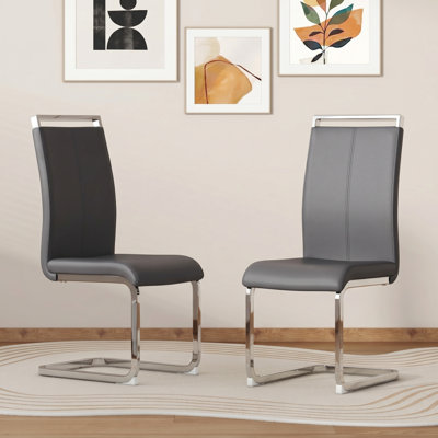 Modern Faux Leather Cantilever Dining Chairs with Chrome Base and Metal Handles (Set of 2)