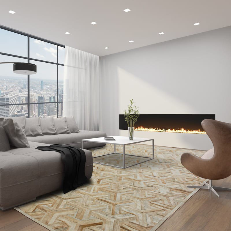 Tapis beige / ivoire / brun en cuir de vache fabriqué à la main Nemesis, Rectangle 5 pi x 8 pi