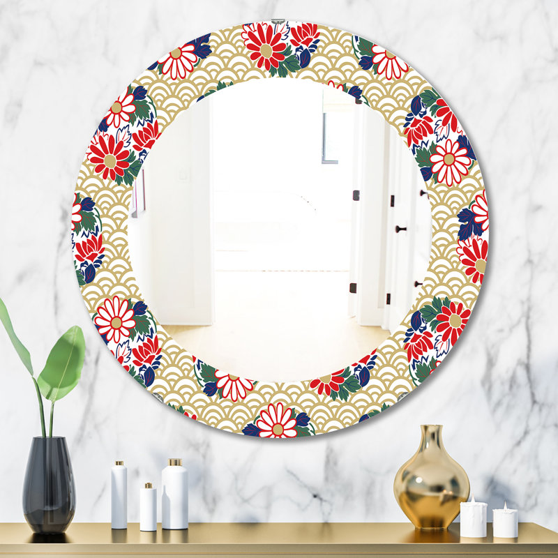 Miroir mural japonais à motif floral bohémien et éclectique, H 31,5 po x l 23,7 po