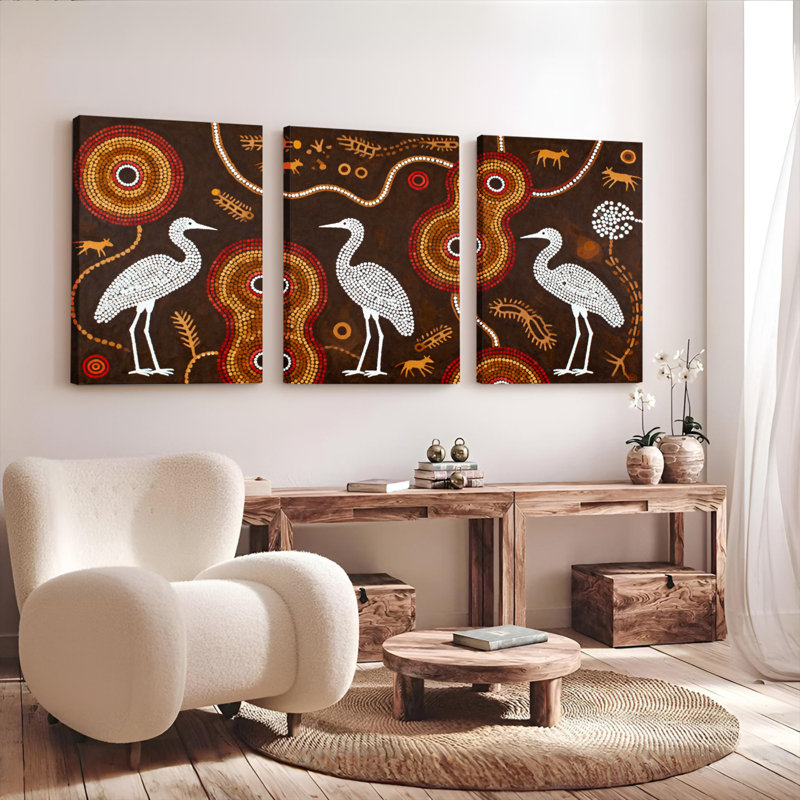 Ensemble de 3 tableaux muraux sur toile représentant des grues, H 24 po x l 48 po