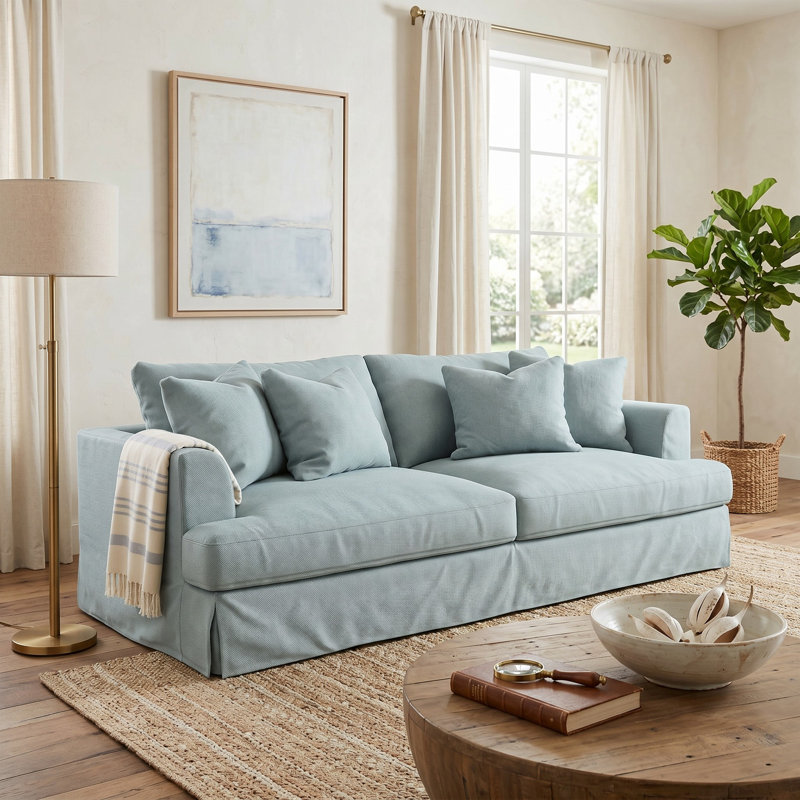 Canapé à accoudoirs recouverts avec coussins réversibles 93 po Mcneese, Mélange de polyester bleu clair