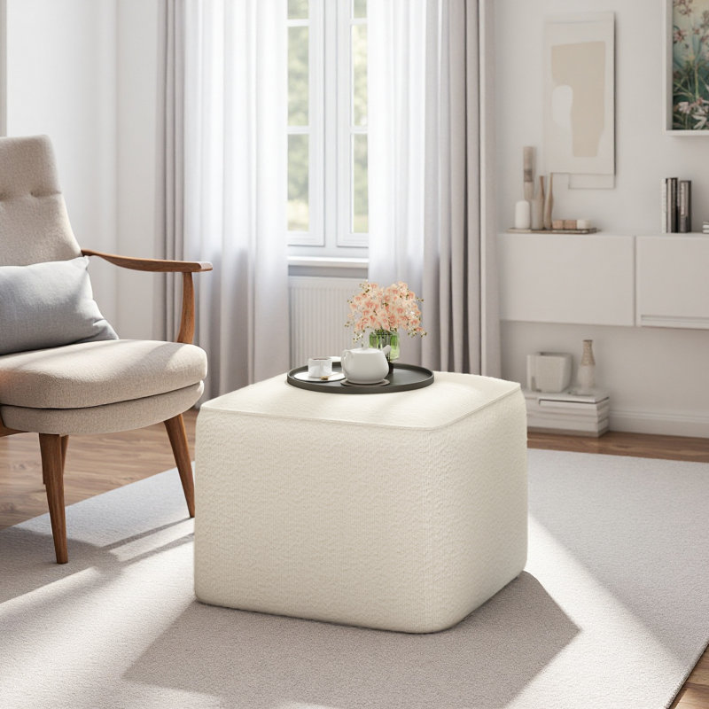 Upholstered Square Ottoman,White,Boucle