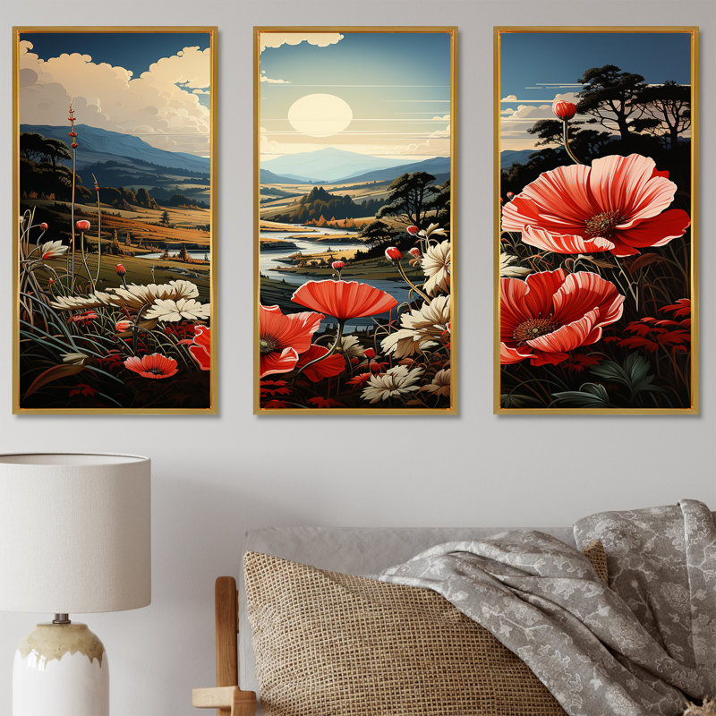«Pink Crimson Flower S Embrace III», ensemble d'art sur toile, Cadre flottant doré, H 32 po x l 48 po x P 1 po