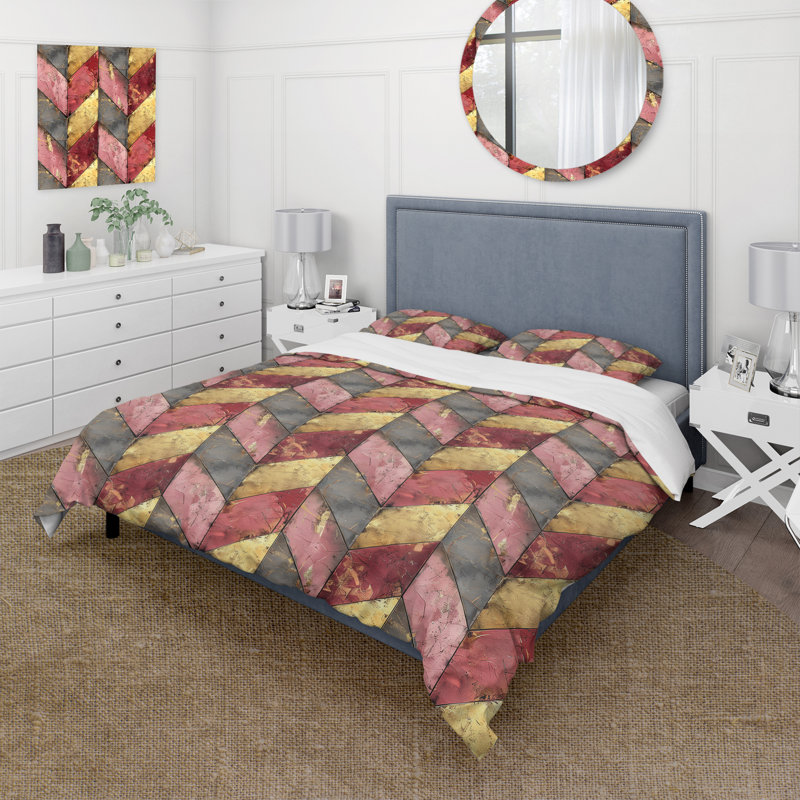 Ensemble de housse de couette chevron rose doré Glam VII - Mid-Century, Housse de couette pour grand lit + 2 taies décora