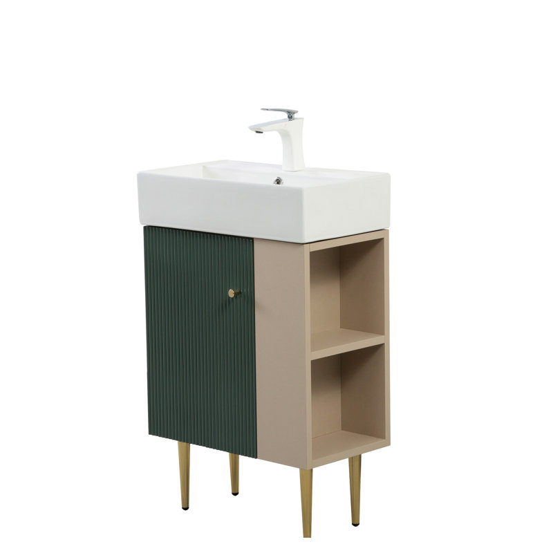Base de meuble-lavabo de 21,6 po avec tablette ouverte à droite, grand espace de rangement, lavabo en bois massif et en céramique pour la longévité, fonction silencieuse à fermeture en douceur, espace de rangement facile à assembler, construction, lavabo, portes,