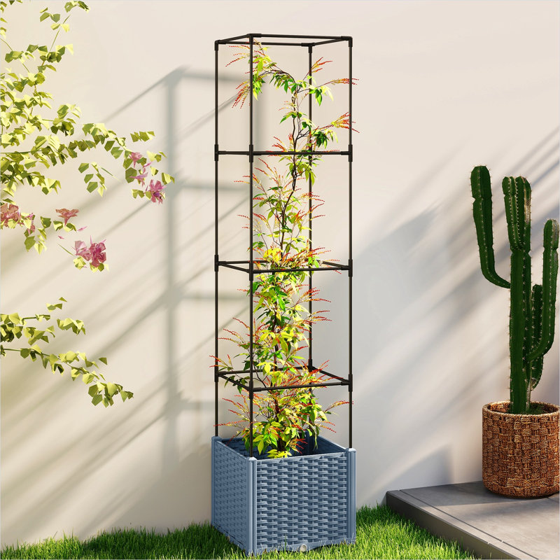 Jardinière en métal gris doux pour patio et balcon avec treillis vertical, système d'arrosage automatique et roues verrouillables de 15,7 x H 71,7