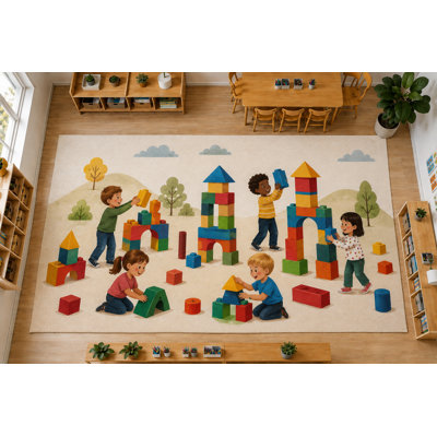 Tapis d'intérieur « Ultra Fin » 152 x 213 cm, motif blocs de construction, doux et à poils courts, avec envers antidérapant en silicone, beige, idéal pour la chambre et la salle de jeux des enfants.