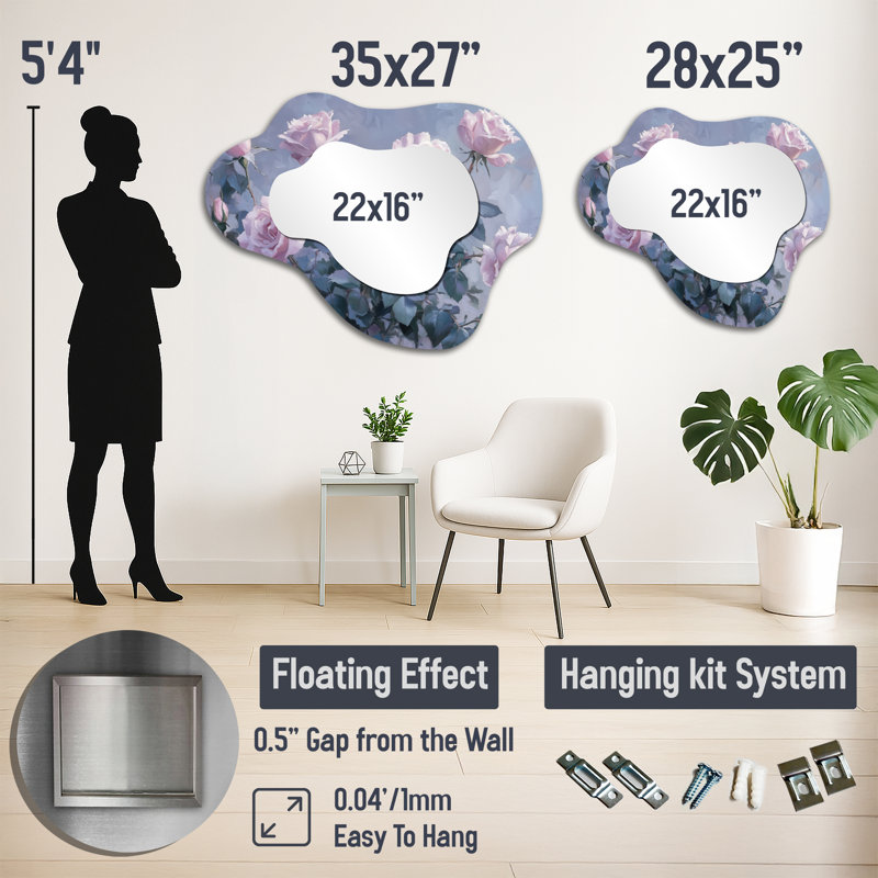 «Watercolor Lavender Roses Blooms» - miroir mural décoratif en forme de nuage de roses, miroir de coiffeuse moderne, imprimé sur métal