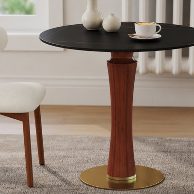 Modern Round Dining Table,33.5" Sintered Stone Table with Wooden Leg & Gold Base(Only Table)