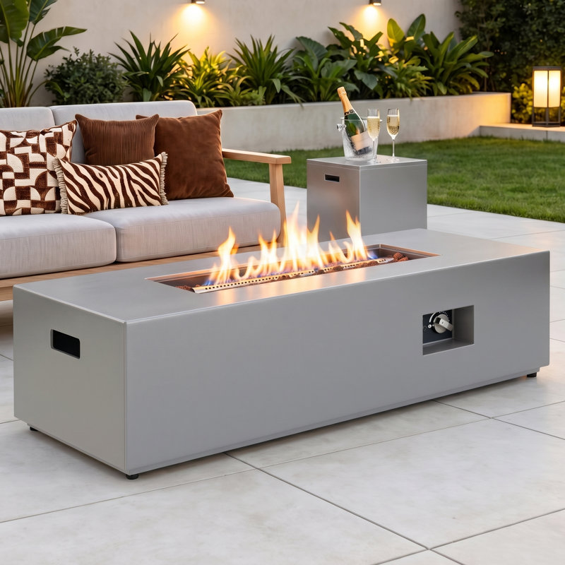Table de foyer d'extérieur au propane de 44 po avec table d'appoint avec rangement pour réservoir, foyer extérieur de 50 000 BTU avec couvercle, pierres de lave et housse de pluie