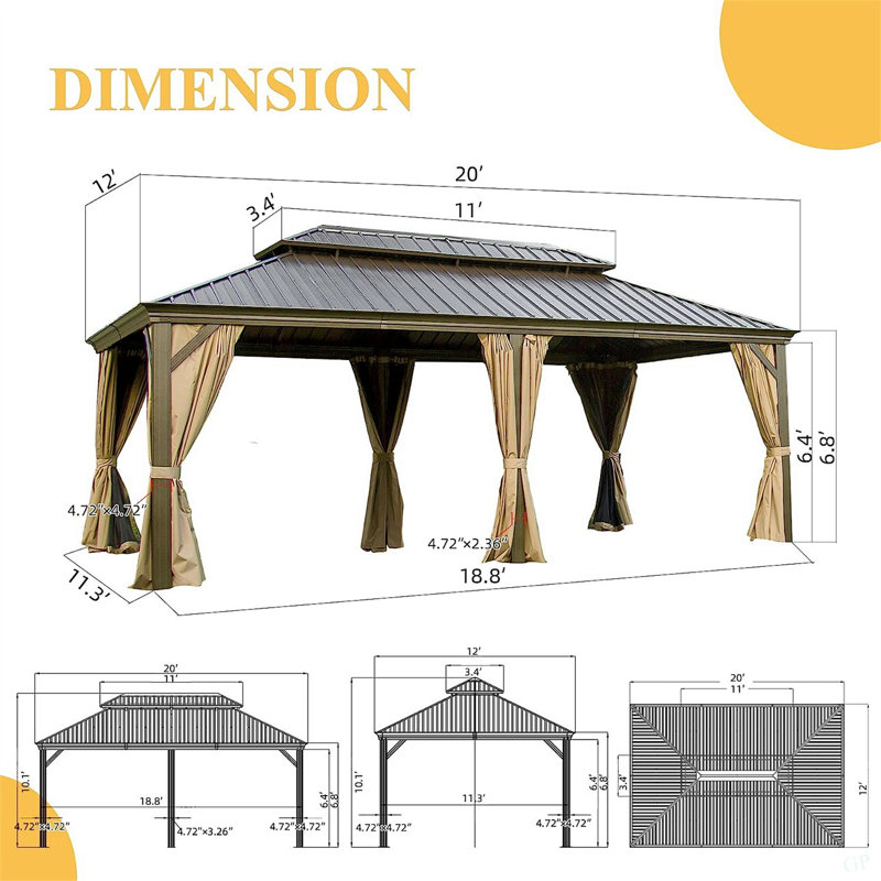 12'X20' Hardtop Gazebo, Outdoor Aluminum Frame Canopy With Galvanized Steel Double Roof, Outdoor Permanent Metal Pavilion With Curtains And Netting For Patio,Backyard And Lawn (Brown)