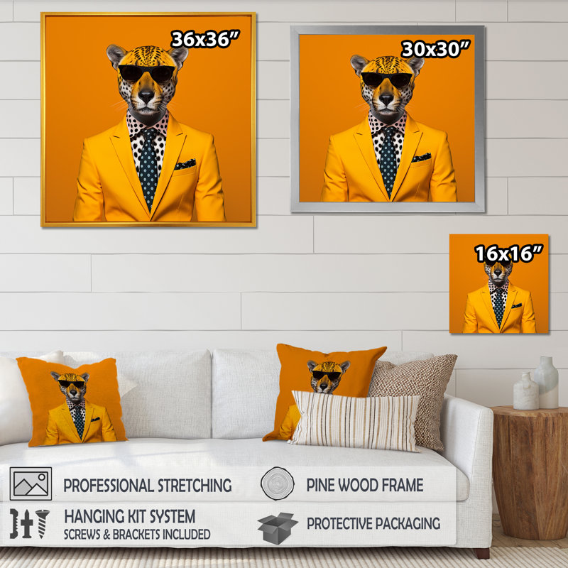 Art mural jaune avec guépard jaune, Cadre flottant noir, H 36 po x l 36 po x P 1,5 po