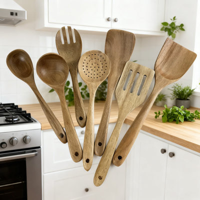 Ensemble de 9 spatules en bois d'acacia avec poignée longue et cuillère en bois naturel pour les ustensiles de cuisine antiadhésifs