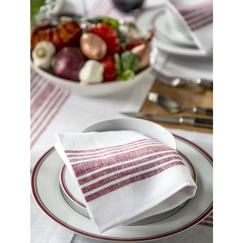 Farmhouse - 100% Pure Linen Dinner Napkins, Burgundy and White