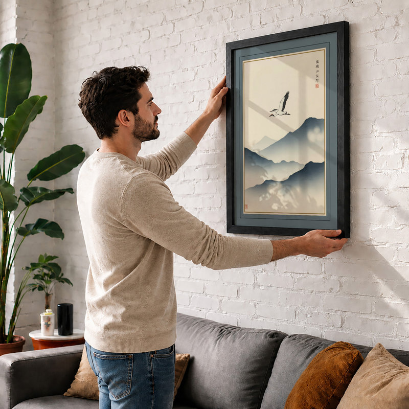 Bird Over Mountains Japandi - Framed Print, Black, A3 - 42.0 x 29.7 cm